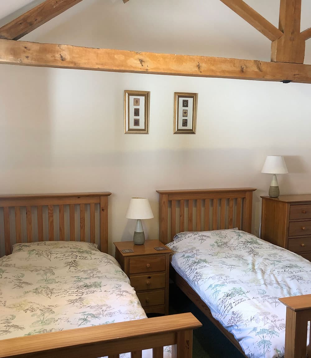 Twin bedroom with two pine single beds and a bedside table with a lamp, under exposed roof beams