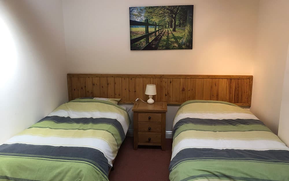 Twin bedroom with two single beds with green striped covers either side of a bedside cabinet with a lamp
