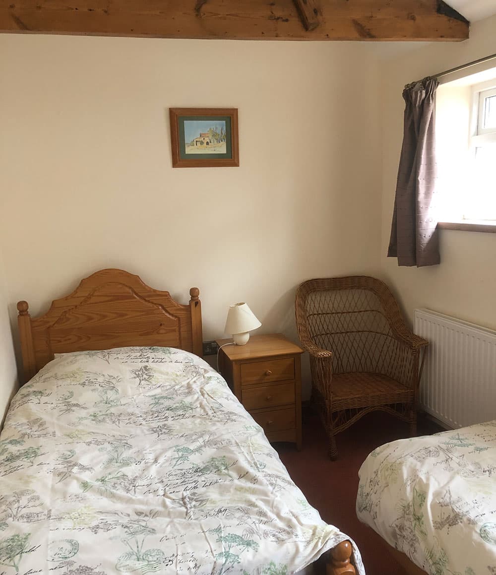 Twin bedroom with two single beds, a wicker armchair and a bedside cabinet with a lamp