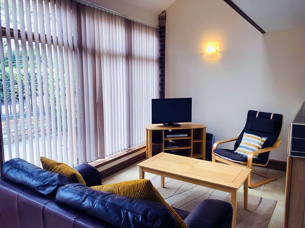 Sitting area with a leather sofa, armchair and TV in front of a tall glazed wall with vertical blinds