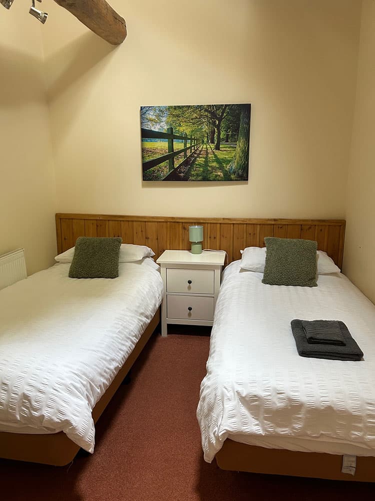 Twin bedroom with two single beds with white bedding and green cushions
